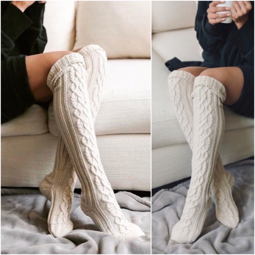 1 LEFT! Ivory Cable Knit Above Knee Long Warm Winter Essential Stay Home Socks - Picture 2 of 3
